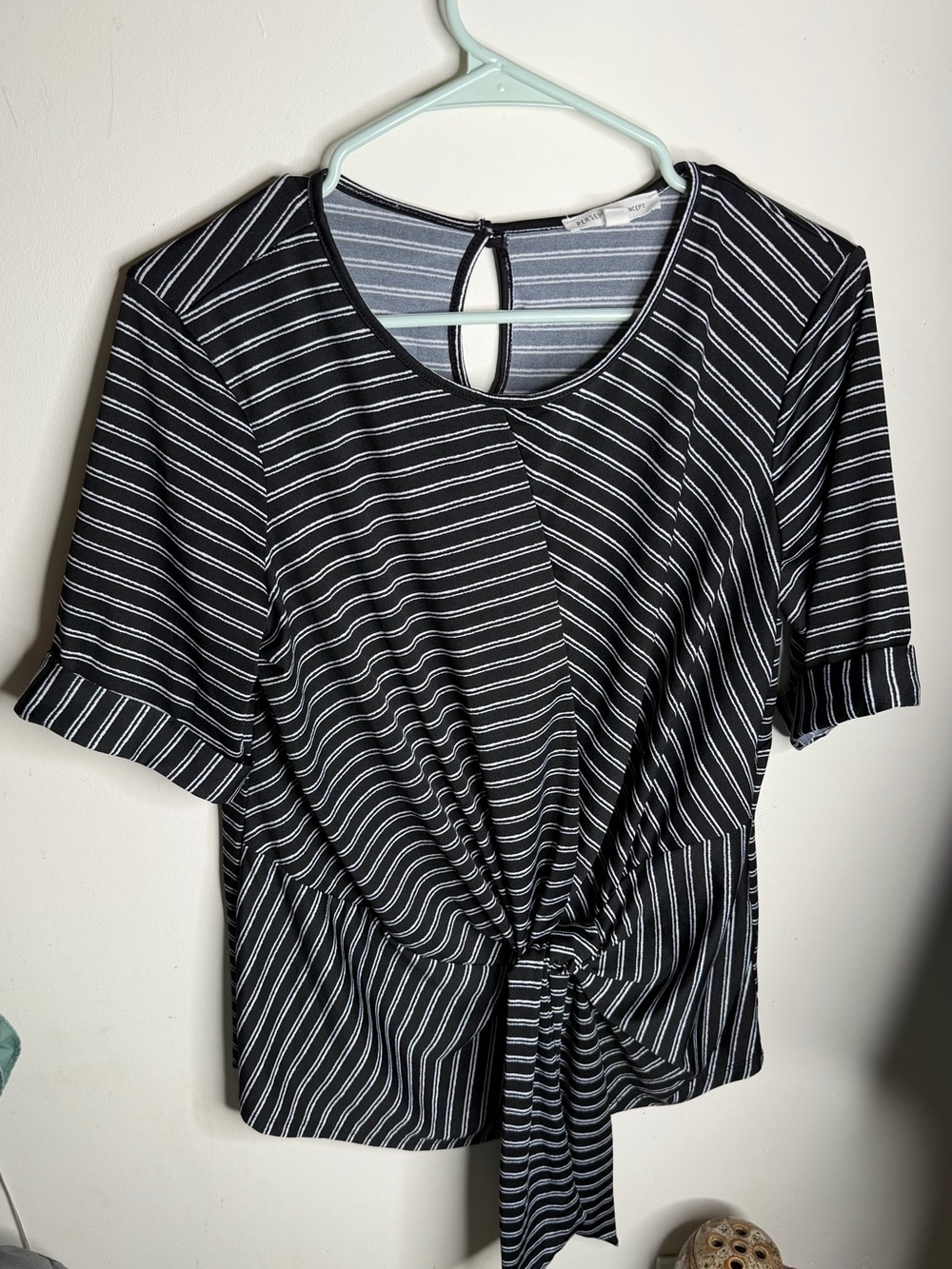 PerSeption Concept Black and White Striped Knot-Front Blouse